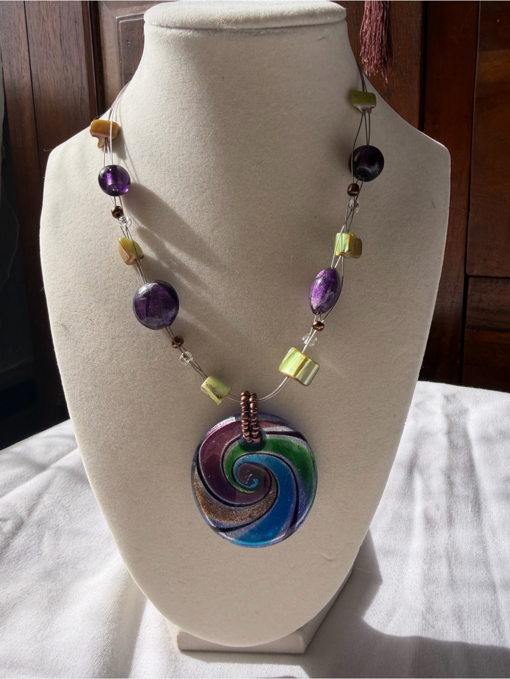 Artisan Multicolor Swirl Glass Pendant Necklace - Purple & Green Accent
